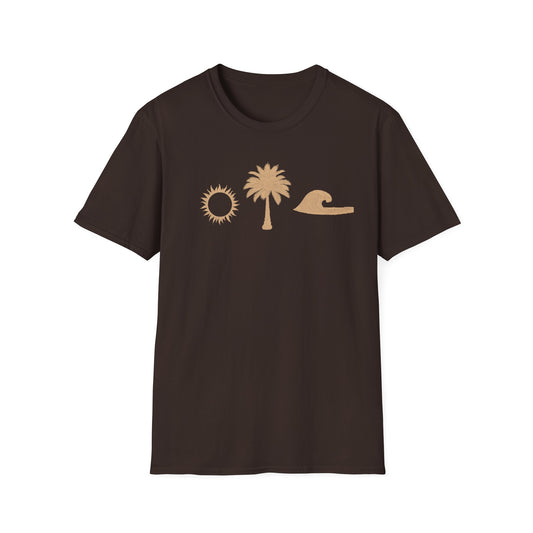 Coastal Vibes Unisex Softstyle T-Shirt with Sun, Palm, and Wave Design